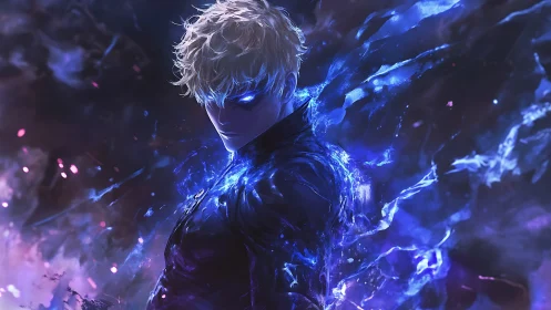 Male figure with glowing blue energy in cosmic field.