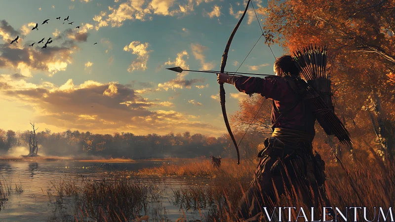 Cinematic archer at autumn lakeside in warm backlight panorama.