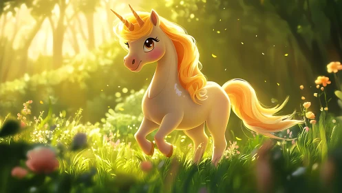 Golden unicorn trots through a sunlit forest glade