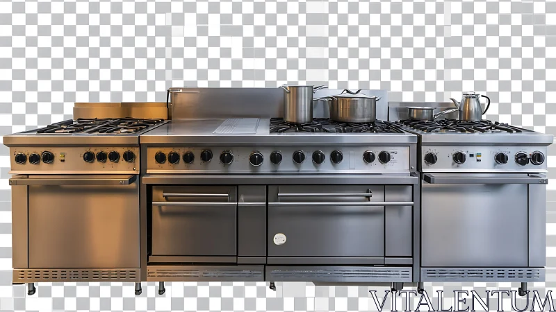 Industrial stainless steel gas range displayed in frontal view