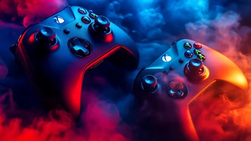 Dual gaming controllers in contrasting red and blue lighting.