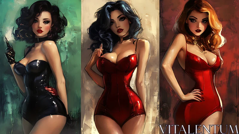 Retro pin-up trio in bold corsets and painterly glow.