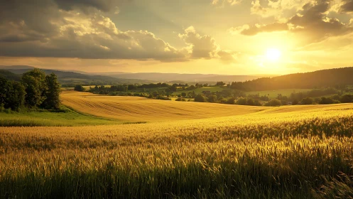 Low sun over ripening wheat fields with rolling rural hillsides