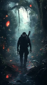 Lone armed explorer advances through a storm-lit jungle corridor.