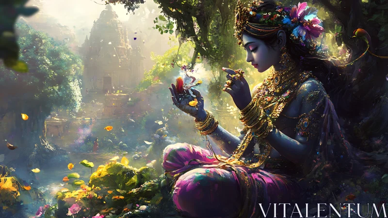 Mystical goddess cradles tiny fairy in luminous jungle temple.