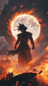 Lone firelit warrior rising before a blazing full moon.