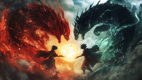 Opposed sorcerers with elemental dragon forms in conflict.