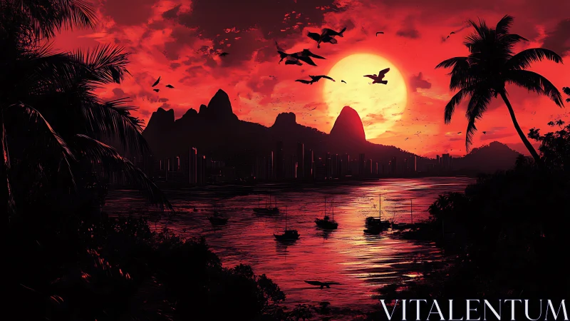 Red tropical bay skyline with mountains and sunset sun.