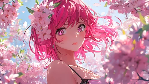 Cherry blossom daydream crowns a pink‑haired spring muse