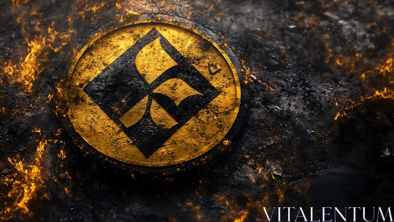 Scorched metallic emblem amid burning cracked ground.