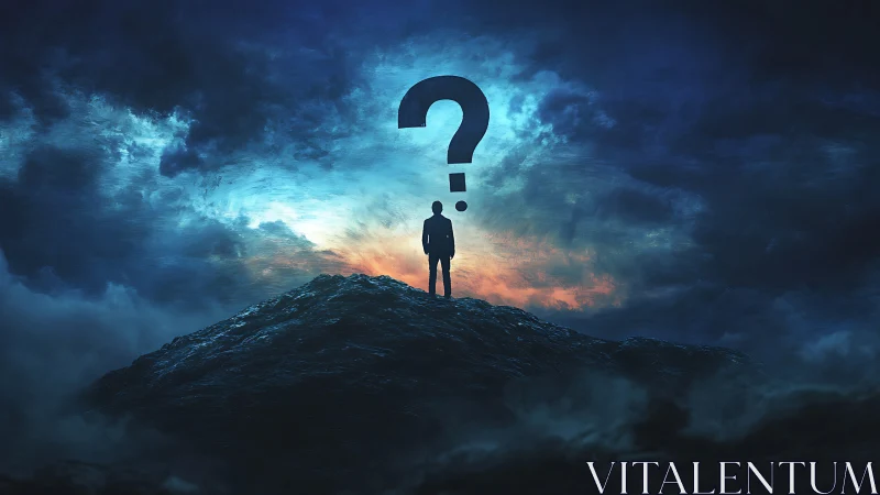 Solitary silhouette under question mark in stormy landscape.