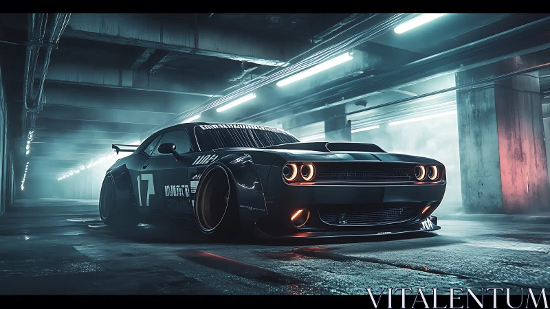 Widebody muscle car idles menacingly in neon-lit garage