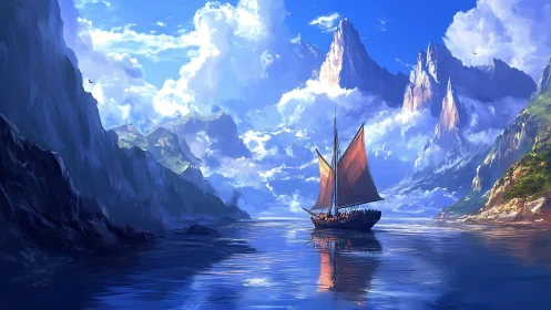 Sailing ship crosses tranquil fjord beneath towering peaks