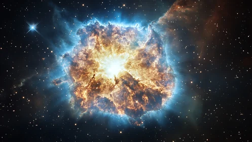Stellar nebula eruption with glowing blue ionized halo.