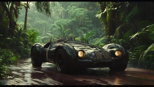 Vintage roadster cuts through lush tropical rainforest storm