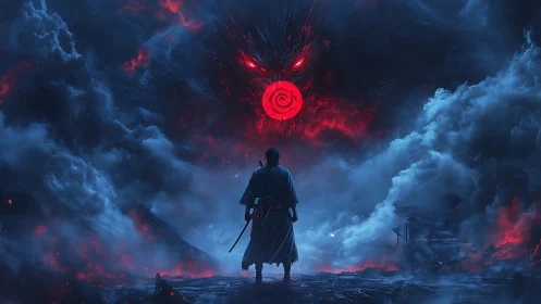 Lone swordsman confronting colossal fiery vortex demon in storm