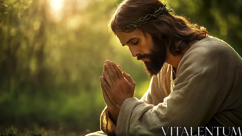 Gentle robed figure praying quietly in soft golden light.