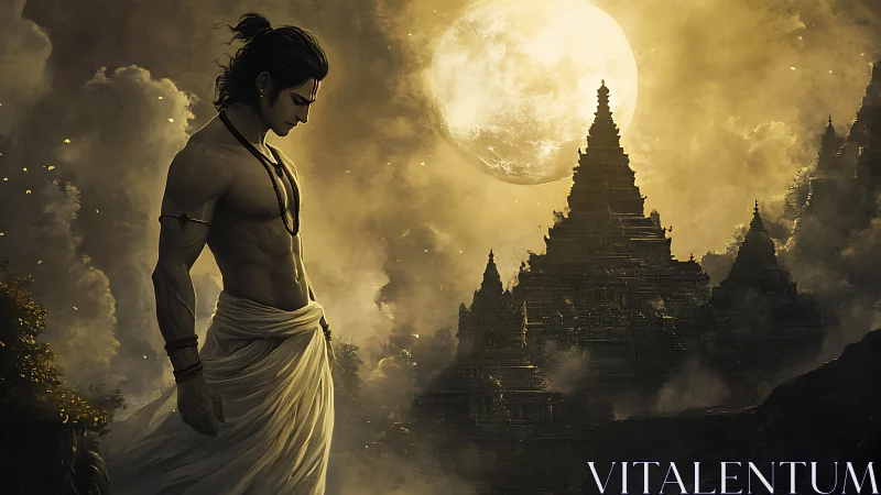 Moonlit warrior contemplates beside ancient temple spires.