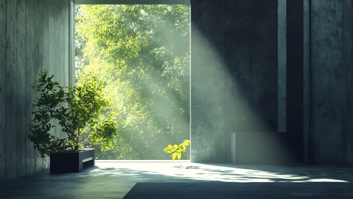 Sunlit plants in minimalist concrete interior opening.