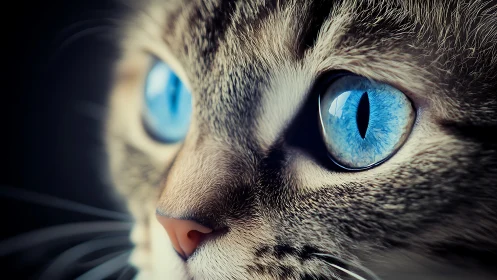 Close frontal view of feline head with striking blue ocular features