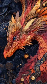 Dragon head rendered in dense red and gold ornamental detail