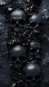 Row of dark skull sculptures with clustered metallic roses.