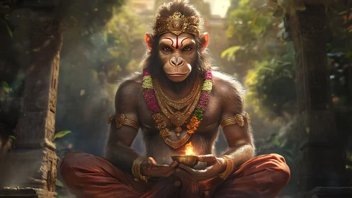 Divine monkey sage meditates with sacred flame bowl