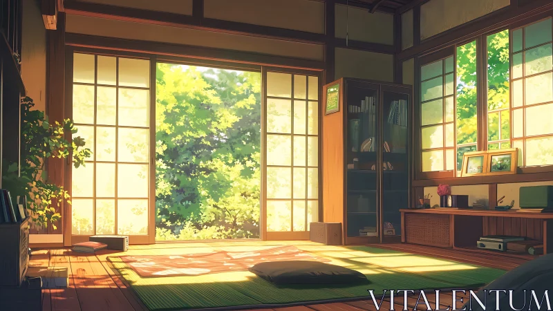 Anime interior of sunlit tatami room with shoji framing study.