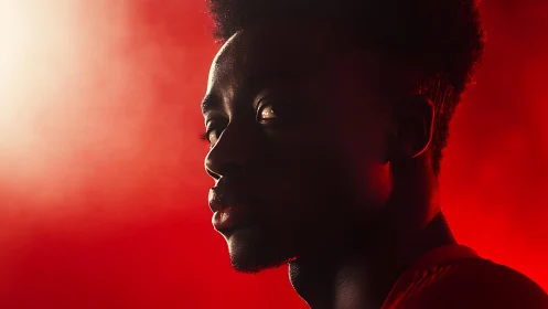 Warm glow portraits a thoughtful face in vivid red light.