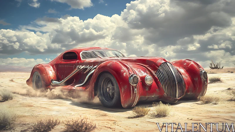 Retro red desert racer powers through windswept sands.