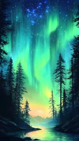 Emerald aurora cascades above a tranquil forest river