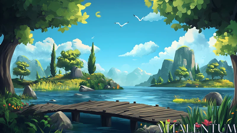 Sunlit wooden bridge drifts into a dreamy cobalt lakescape