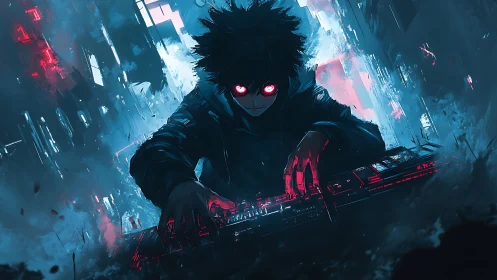 Cyberpunk hacker portrait with neon glitch lighting composition.