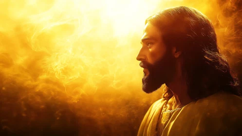 Sacred robed figure in golden radiant light profile portrait.