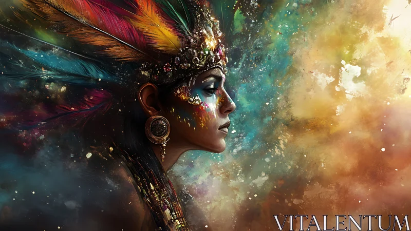 Profile view of feathered headdress portrait in color field.