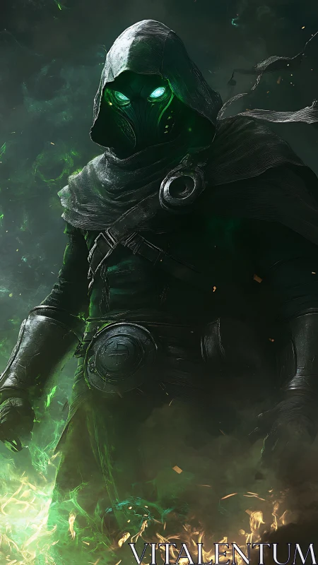 Mysterious hooded wanderer glowing with eerie green power.