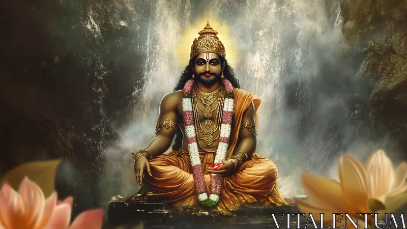 Seated crowned figure in golden robes before misty cliffs.