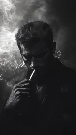Male smoker in low key monochrome portrait with smoke.