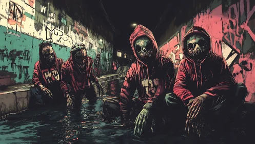 Hooded skeletal gang crouches in flooded graffiti tunnel at night