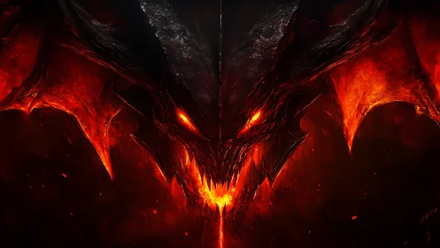 Fiery dragon face emerging from molten shadowed darkness.