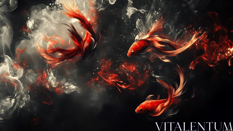 Koi fish rendered in dynamic red vortices with volumetric smoke fields