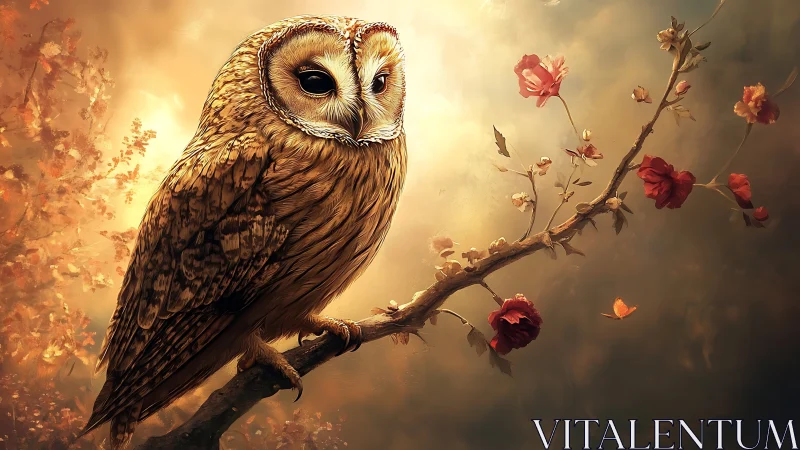 Majestic Owl on Floral Branch in Dreamy Warm Light, Digital Art.