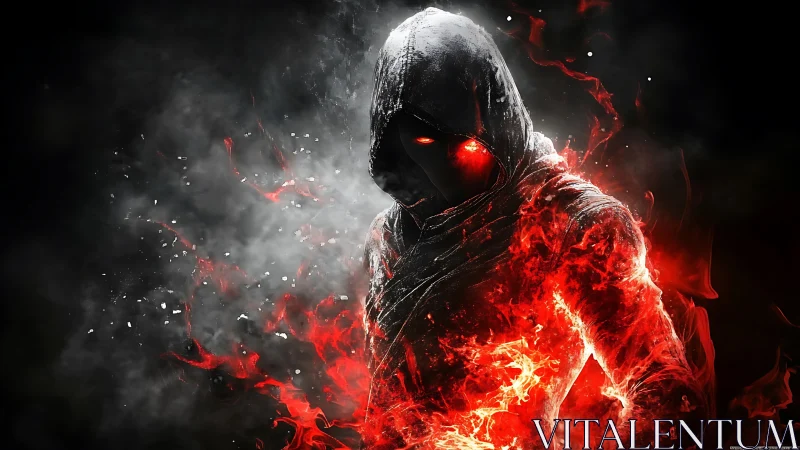 Hooded humanoid figure with red flames in dark void.