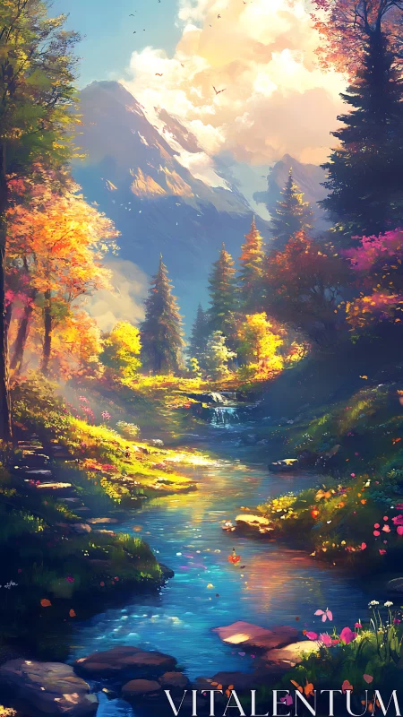 Sunlit mountain stream dreaming in painted autumn glow.