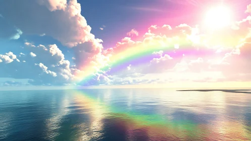 Vivid rainbow arcs above calm reflective ocean horizon