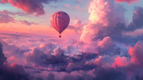 Hot air balloon over luminous cloud city at sunset sky