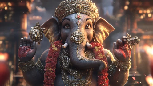 3D depiction of Ganesha statue with ornate jewelry and garland.