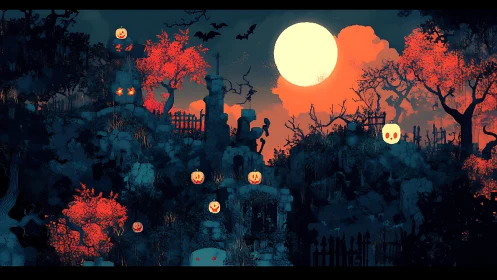 Moonlit haunted hillside cemetery with glowing pumpkins.