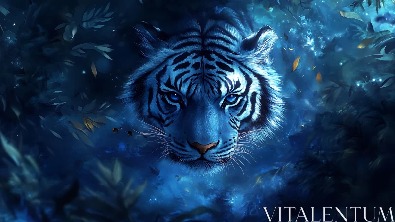White tiger head in blue-toned digital forest environment.