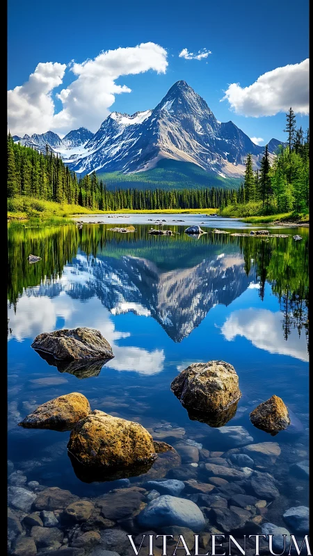 Snowy peak reflected in calm alpine lake with clear sky.